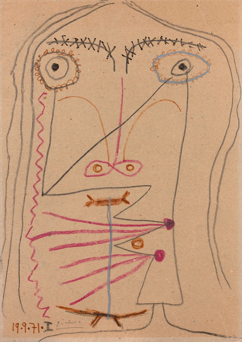 Pablo PICASSO 1881 - 1973 Tête - 1971 Crayon, crayons de couleurs et encre sur carton