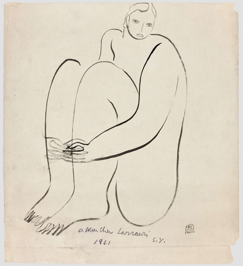 SANYU 1900 - 1966 Nu, les jambes repliées - 1961 Encre sur papier