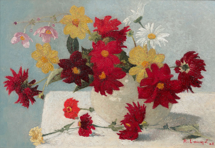 Achille LAUGE 1861 - 1944 Bouquet de dahlias et de zinnias - 1908 Huile sur toile
