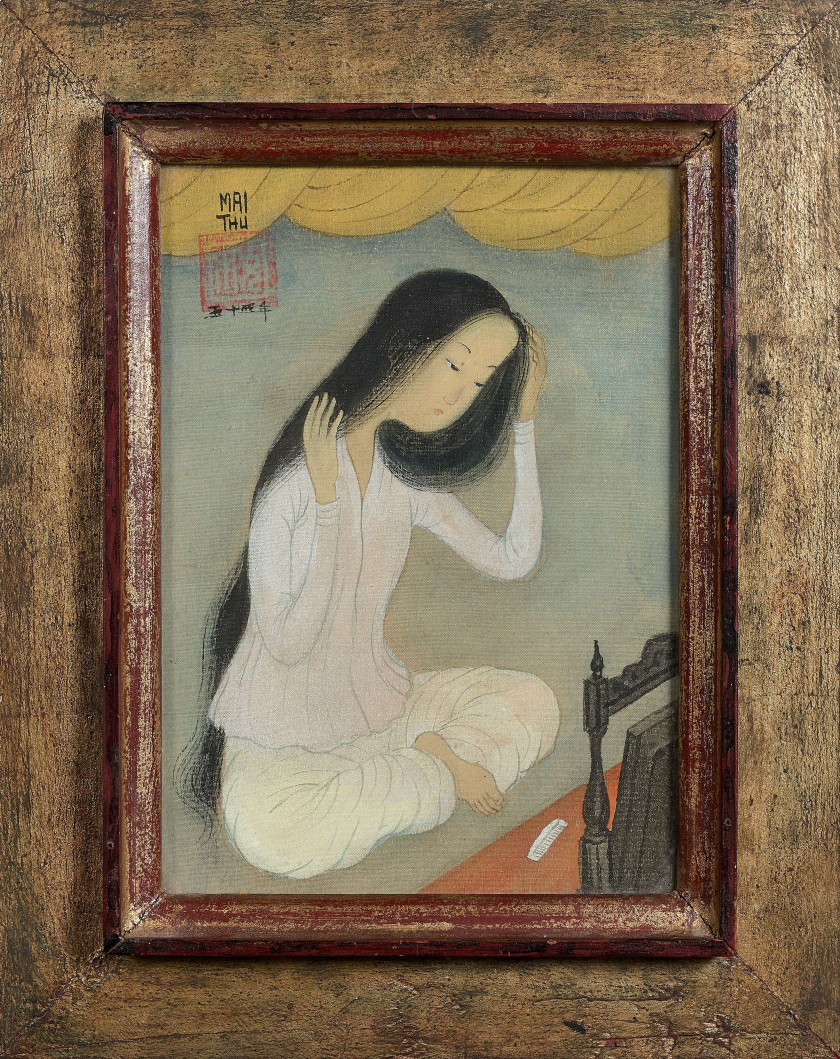 MAI TRUNG THU 1906 - 1980 Jeune fille devant la coiffeuse - 1955 Gouache sur soie