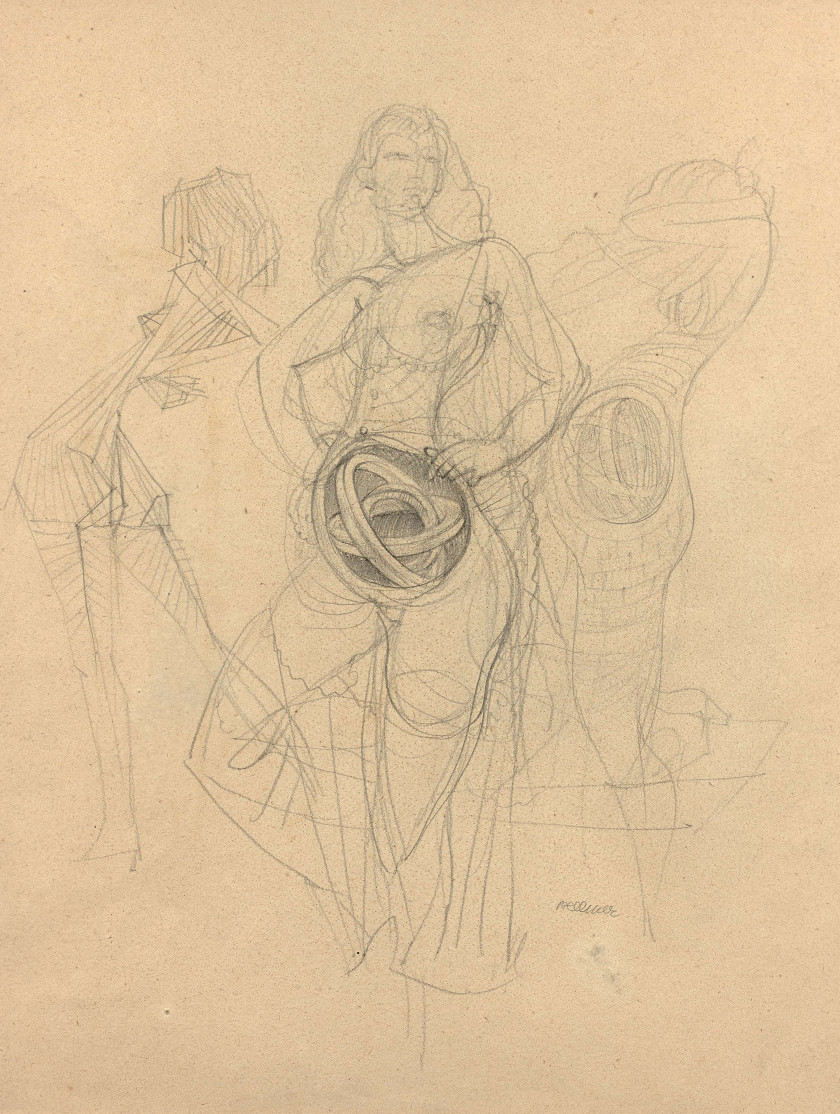 Hans BELLMER 1902 - 1975 Trois muses (recto) - Femmes au globe céleste (verso) Au recto :