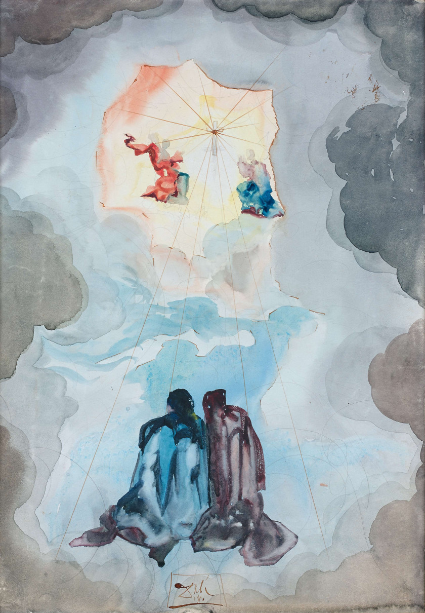 Salvador DALI 1904 - 1989 L'extase de Dante, illustration pour le chant 15 du Paradis, La Divine Comédie de Dante - 1950 Aquarelle,...