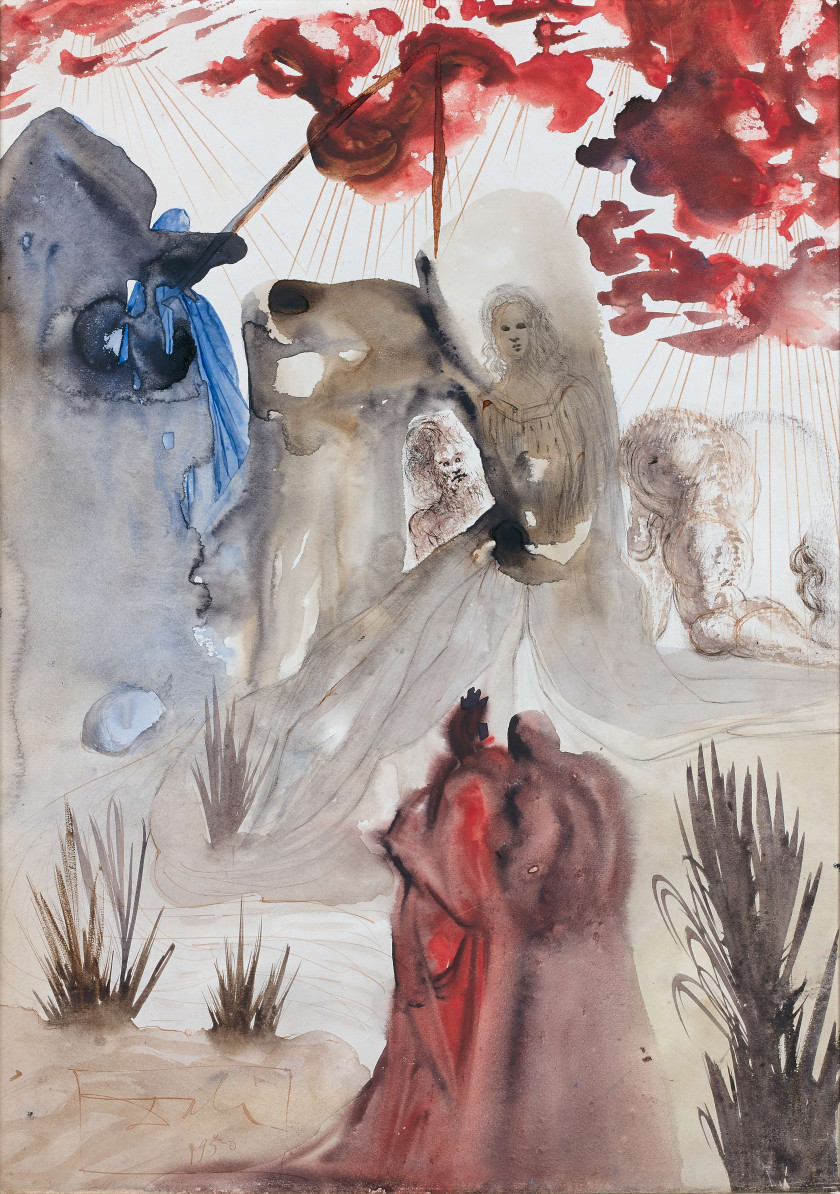 Salvador DALI 1904 - 1989 La divine forêt, illustration pour le chant 28 du Purgatoire, La Divine Comédie de Dante - 1950 Aquarelle,...