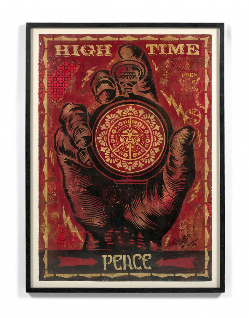 Shepard FAIREY (Alias OBEY GIANT) Américain - Né en 1970 High time for peace stencil - 2006 Pochoir, peinture aérosol et collages su...