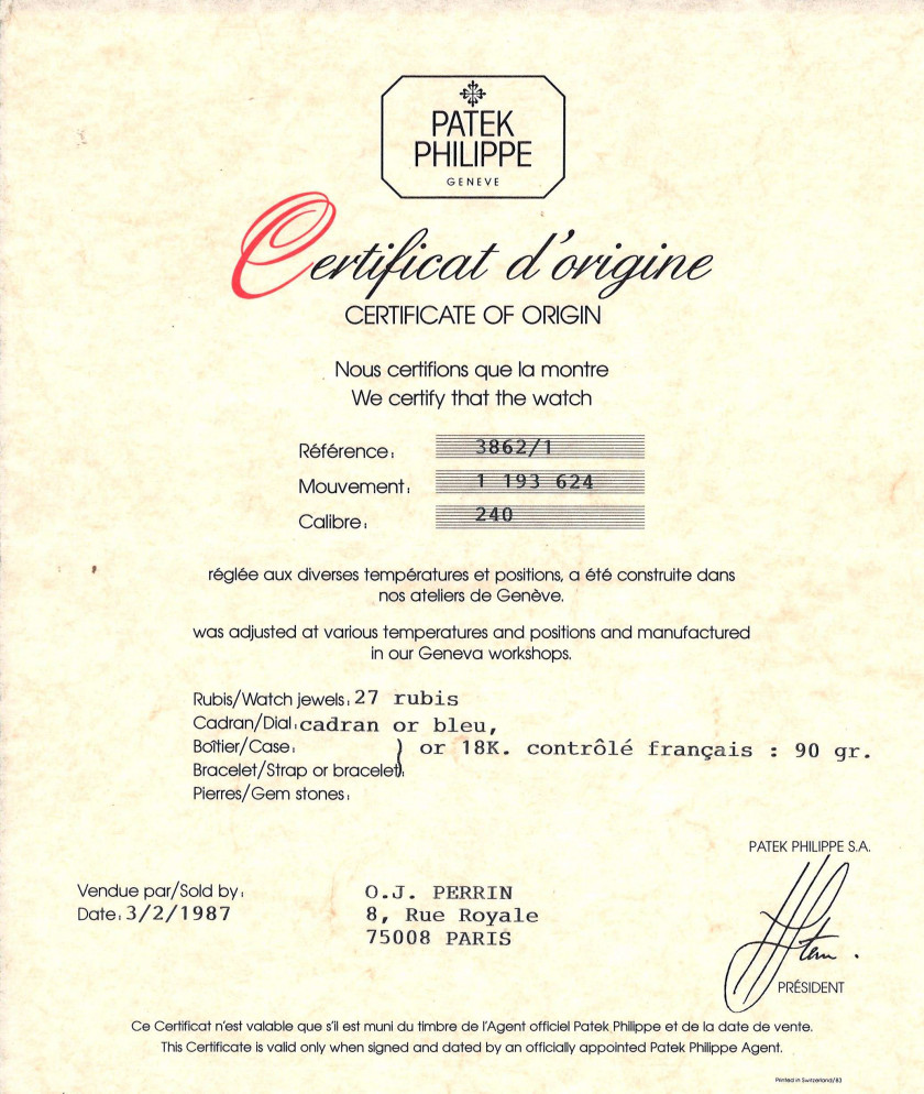 PATEK PHILIPPE  Ref. 3862/1, n° 1193624 / 2787591