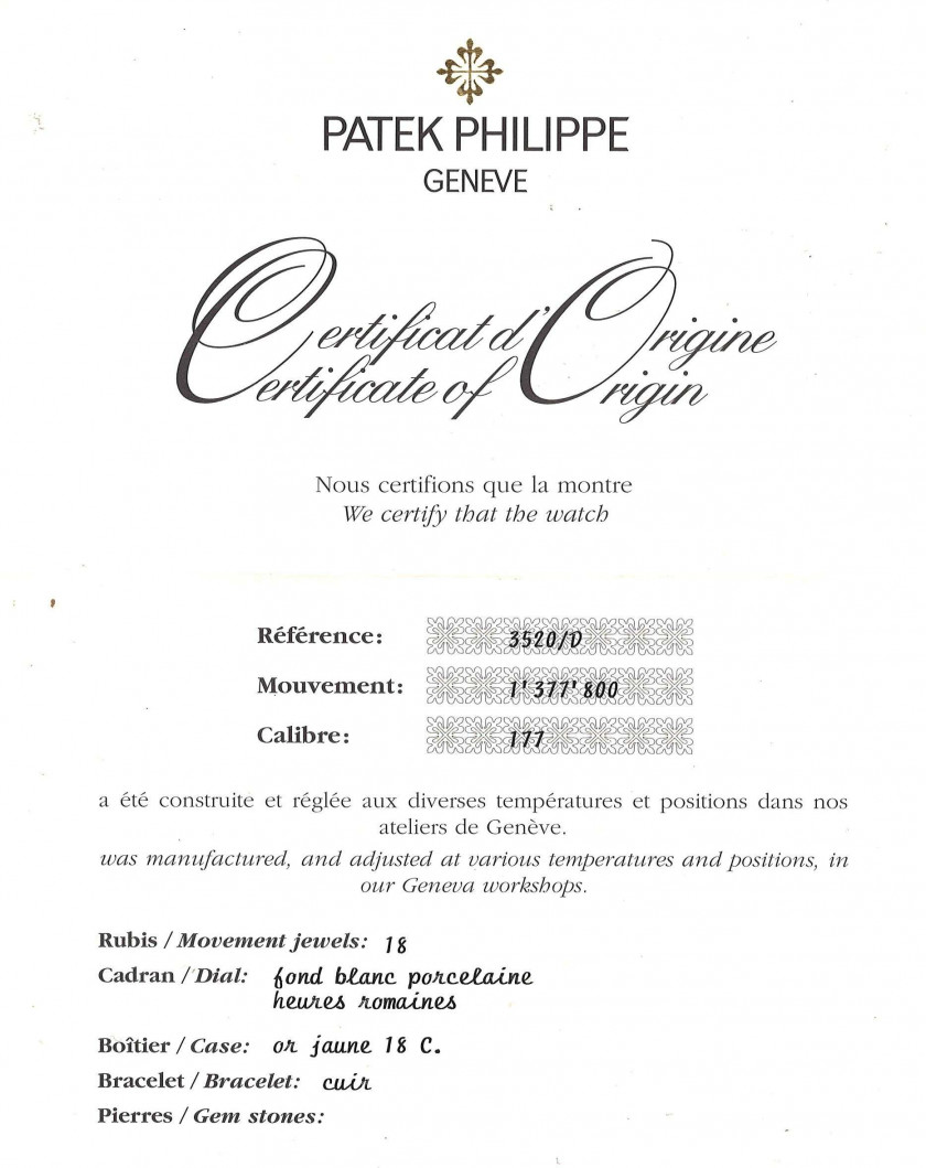 PATEK PHILIPPE  Calatrava, ref. 3520/D, n° 1377800