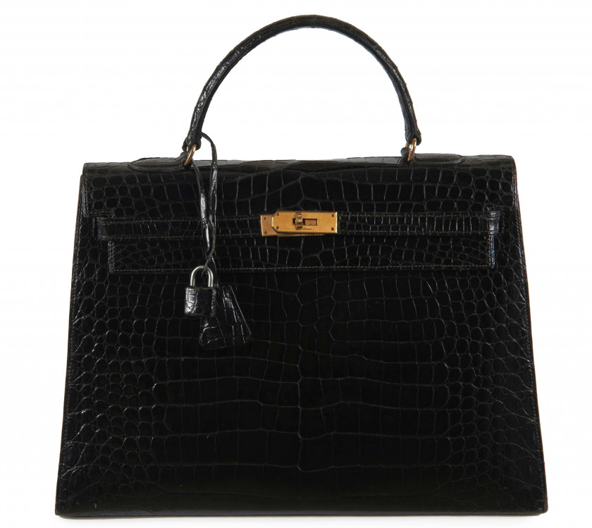 HERMÈS  Sac KELLY Sellier 35 Crocodile d'estuaire lisse noir (Crocodylus porosus) I/A Pré-Convention Garniture métal plaqué...