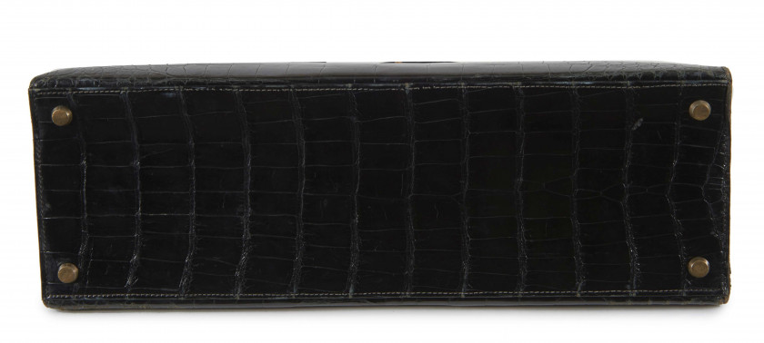 HERMÈS  Sac KELLY Sellier 35 Crocodile d'estuaire lisse noir (Crocodylus porosus) I/A Pré-Convention Garniture métal plaqué...