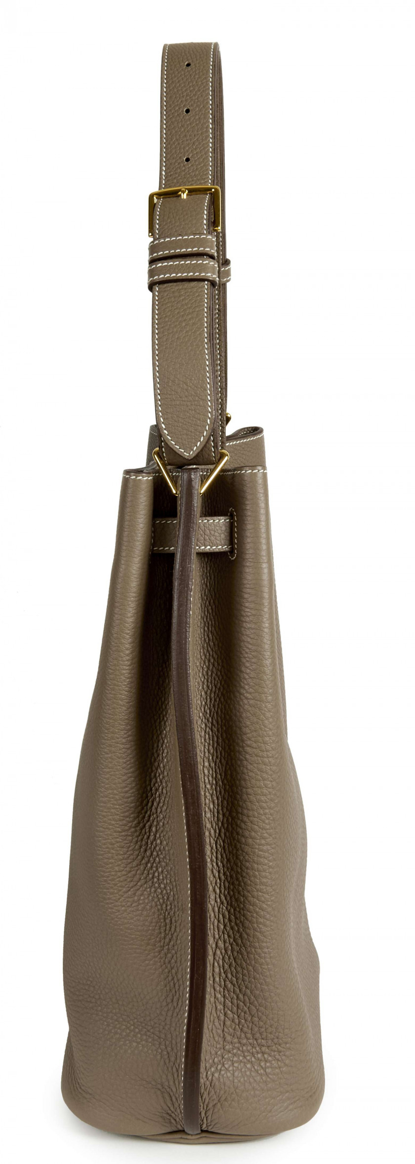 HERMÈS 2010  Sac SO KELLY Veau Togo Étoupe Piqué sellier blanc Garniture métal plaqué or  SO KELLY bag Étoupe Togo...