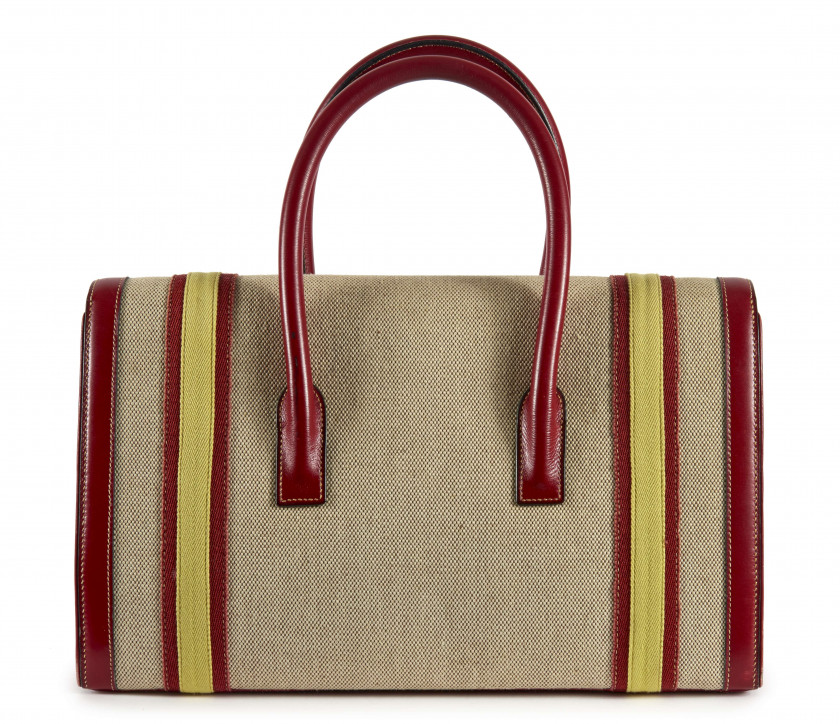 HERMÈS  Sac DRAG 35 Box rouge, toile "H" beige, rouge et jaune Piqué sellier blanc Garniture métal plaqué or  DRAG 35...