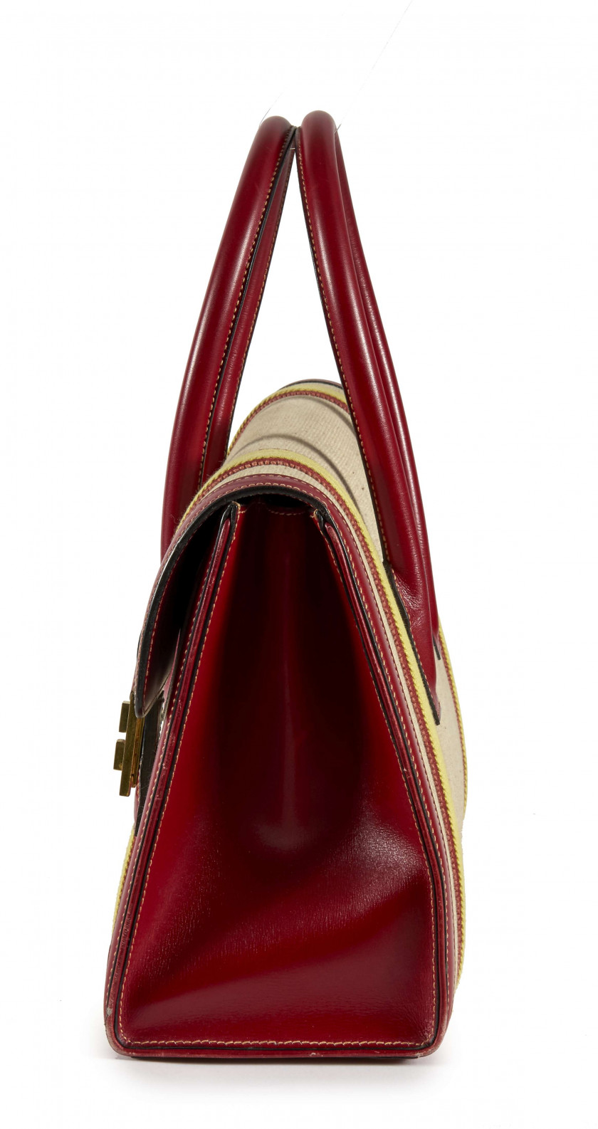 HERMÈS  Sac DRAG 35 Box rouge, toile "H" beige, rouge et jaune Piqué sellier blanc Garniture métal plaqué or  DRAG 35...