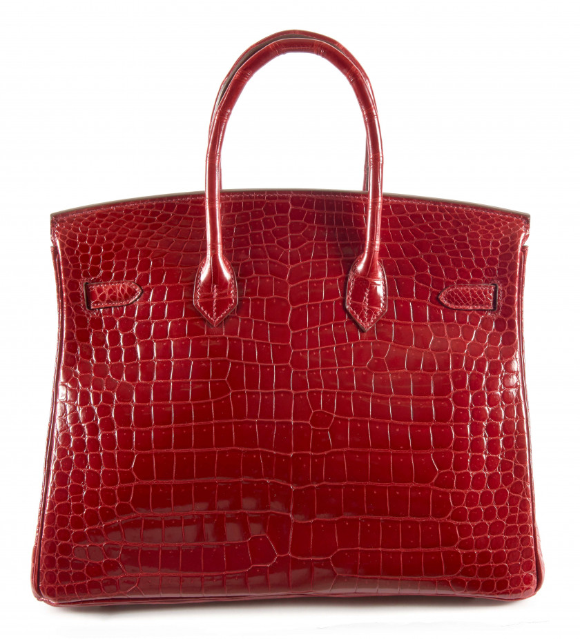 HERMÈS 2011  Sac BIRKIN 35 Crocodile d'estuaire lisse rouge Braise (Crocodylus porosus) II/B Garniture métal argenté palla...