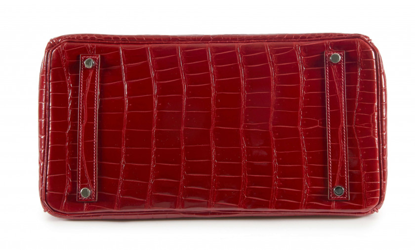 HERMÈS 2011  Sac BIRKIN 35 Crocodile d'estuaire lisse rouge Braise (Crocodylus porosus) II/B Garniture métal argenté palla...