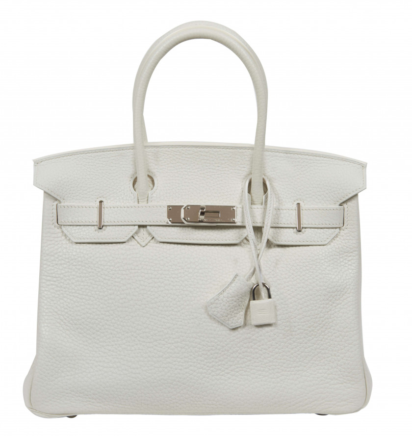 HERMÈS 2006  Sac BIRKIN 30 Taurillon Clémence blanc Garniture métal argenté palladié  BIRKIN 30 bag White Clémence b...