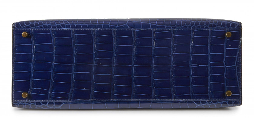 HERMÈS 1990  Sac KELLY Sellier 40 Crocodile d'estuaire lisse bleu Saphir (Crocodylus porosus) II/B Garniture métal plaqué...