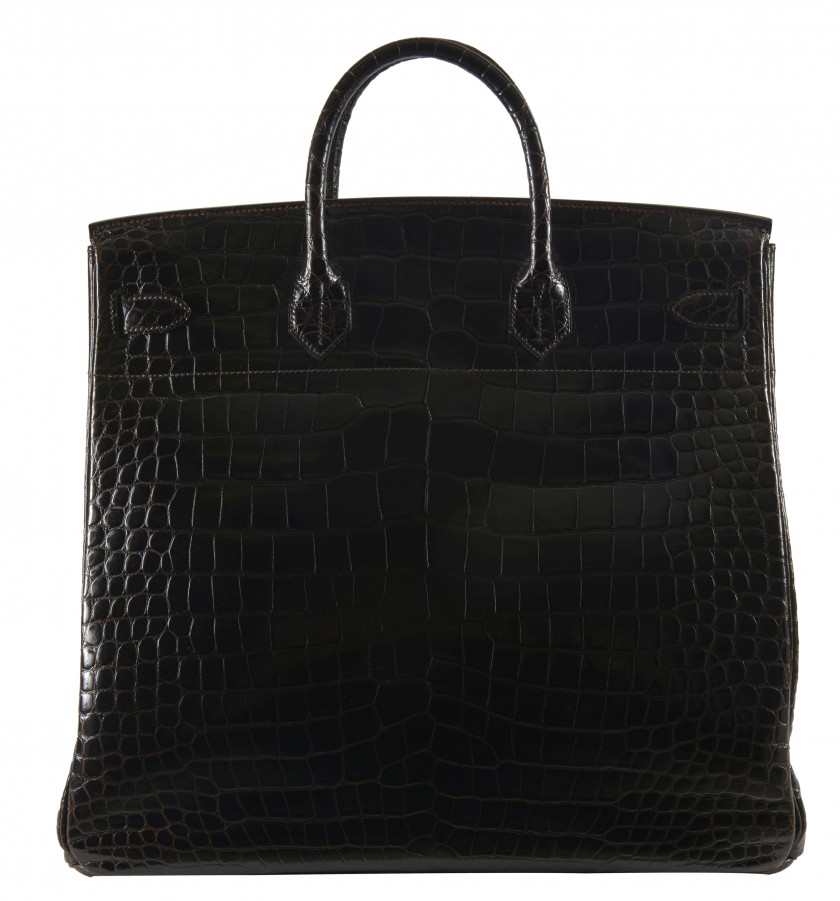 HERMÈS 1990  Sac HAUT À COURROIE 45 Crocodile d'estuaire lisse Ébène (Crocodylus porosus) II/B Garniture métal plaqué orR...