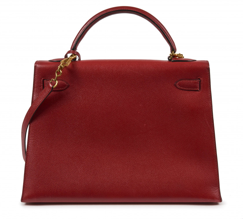 HERMÈS 1990  Sac KELLY Sellier 32 Veau Epsom rouge Garniture métal plaqué or  KELLY Sellier 32 bag Red Epsom calfski...