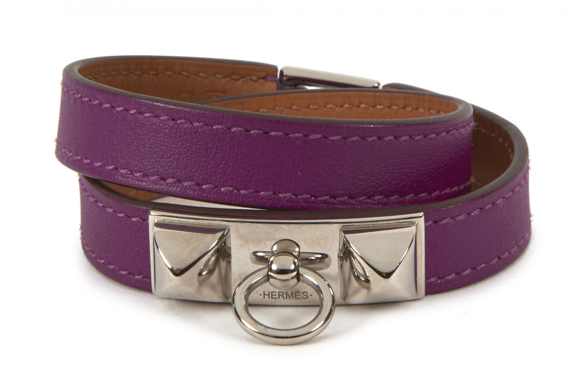 HERMÈS 2013, 2014  Sac KELLY Retourné 28 Veau Togo Anémone Garniture métal argenté palladié  Bracelet RIVALE double to...