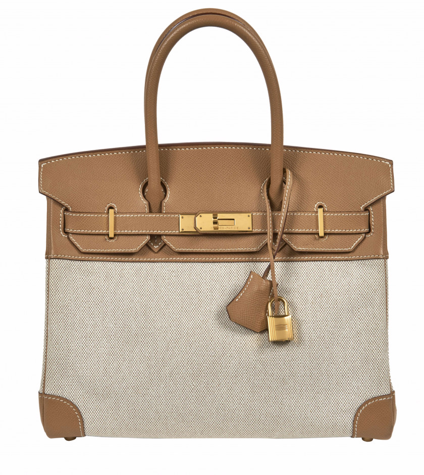 HERMÈS 2000  Sac BIRKIN 30 Toile "H", veau Epsom naturel Garniture métal plaqué or  BIRKIN 30 bag "H" canvas, natura...