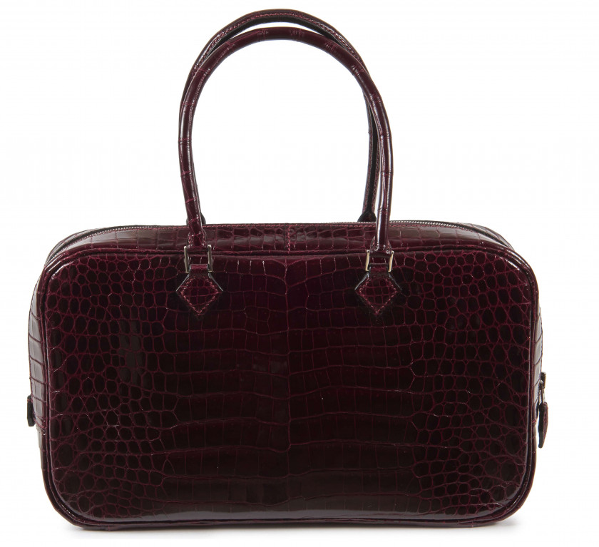 HERMÈS 2006  Sac PLUME ÉLAN 28 Crocodile d'estuaire lisse bordeaux (Crocodylus porosus) II/B source R Garniture métal arge...