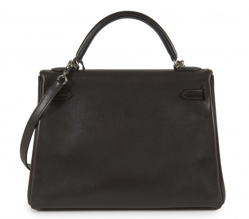 HERMÈS 2006  Sac KELLY Retourné 32 Veau Tadelakt Chocolat Garniture métal argenté palladié  KELLY Retourné 32 bag Ch...