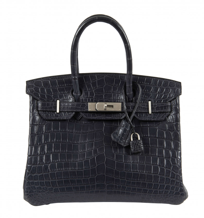 HERMÈS 2001  Sac BIRKIN 30 Crocodile du Nil mat bleu-gris (Crocodylus niloticus) II/B Garniture métal argenté chromé  ...