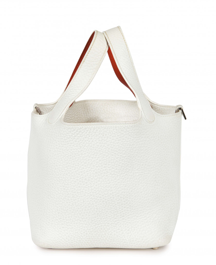 HERMÈS 2005  Sac PICOTIN PM Veau Togo blanc et orange Garniture métal argenté palladié  PICOTIN PM bag White and ora...