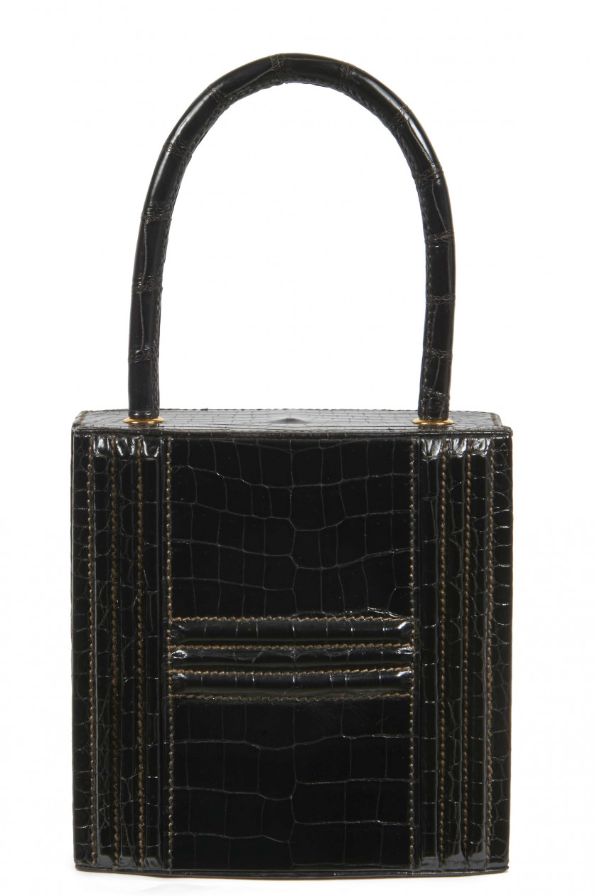 HERMÈS 1993  Sac Mini CADENAS KELLY Crocodile d'estuaire lisse noir (Crocodylus porosus) II/B Garniture métal plaqué or ...