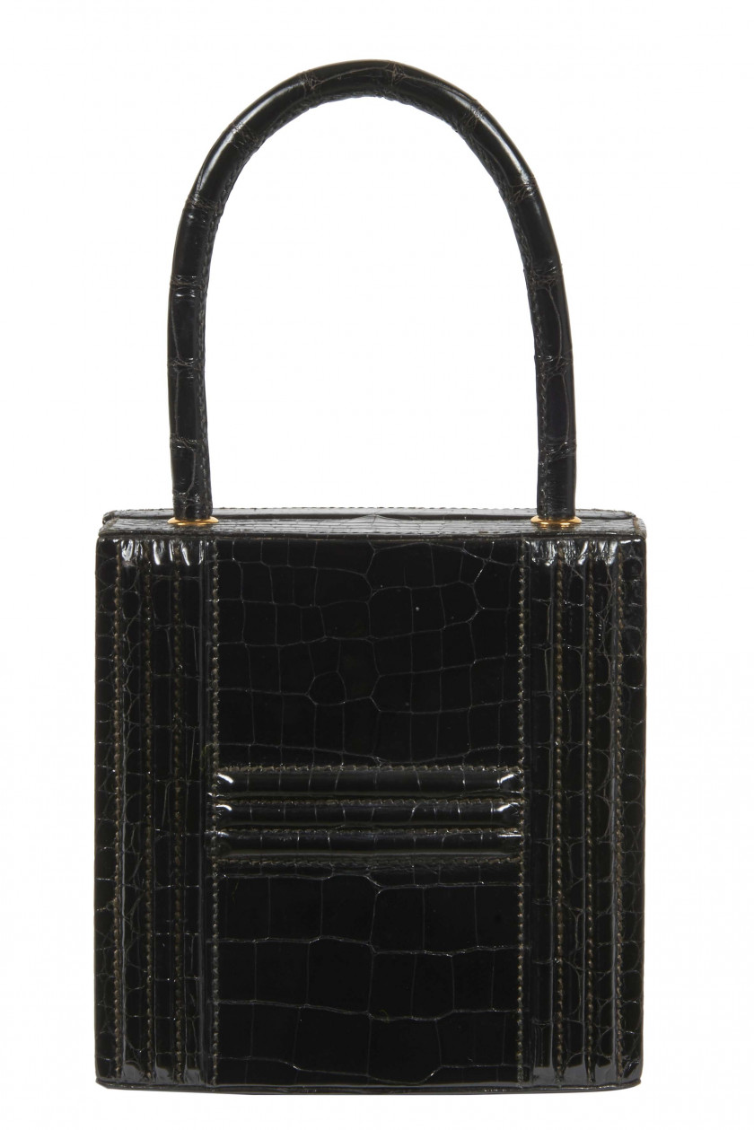 HERMÈS 1993  Sac Mini CADENAS KELLY Crocodile d'estuaire lisse noir (Crocodylus porosus) II/B Garniture métal plaqué or ...