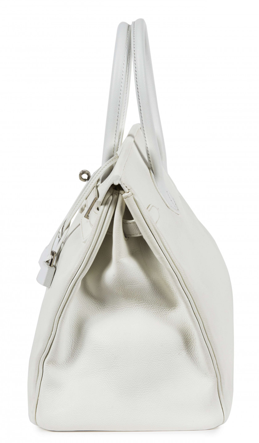 HERMÈS 2006  Sac BIRKIN 35 Veau Courchevel blanc Garniture métal argenté palladié Chiffré "M.C.S"  BIRKIN 35 bag W...