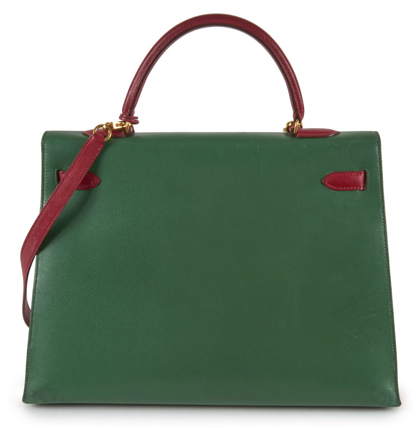 HERMÈS 1991  Sac KELLY Sellier 35 Veau Epsom gold, vert et rouge "H" Garniture métal plaqué or  KELLY 35 bag Rouge "...