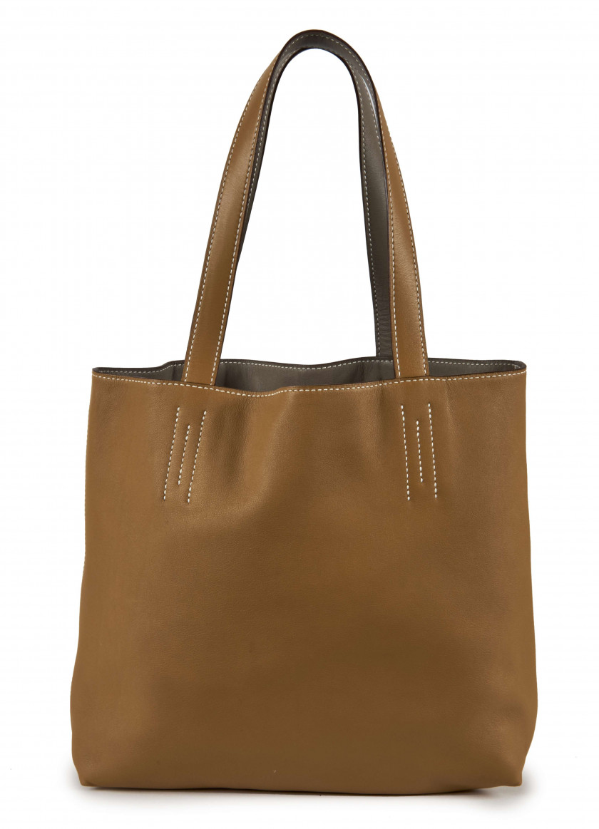 HERMÈS 2012  Sac DOUBLE SENS Veau Sikkim gris réversible caramel Piqué sellier blanc  DOUBLE SENS bag Grey reversibl...