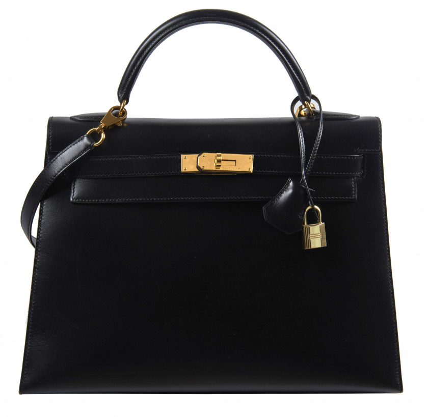 HERMÈS 1998  Sac KELLY Sellier 32 Box noir Garniture métal plaqué or  KELLY Sellier 32 bag Black box calfskin leathe...