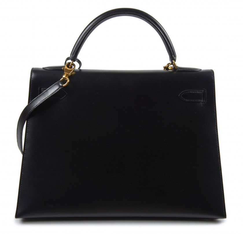 HERMÈS 1998  Sac KELLY Sellier 32 Box noir Garniture métal plaqué or  KELLY Sellier 32 bag Black box calfskin leathe...