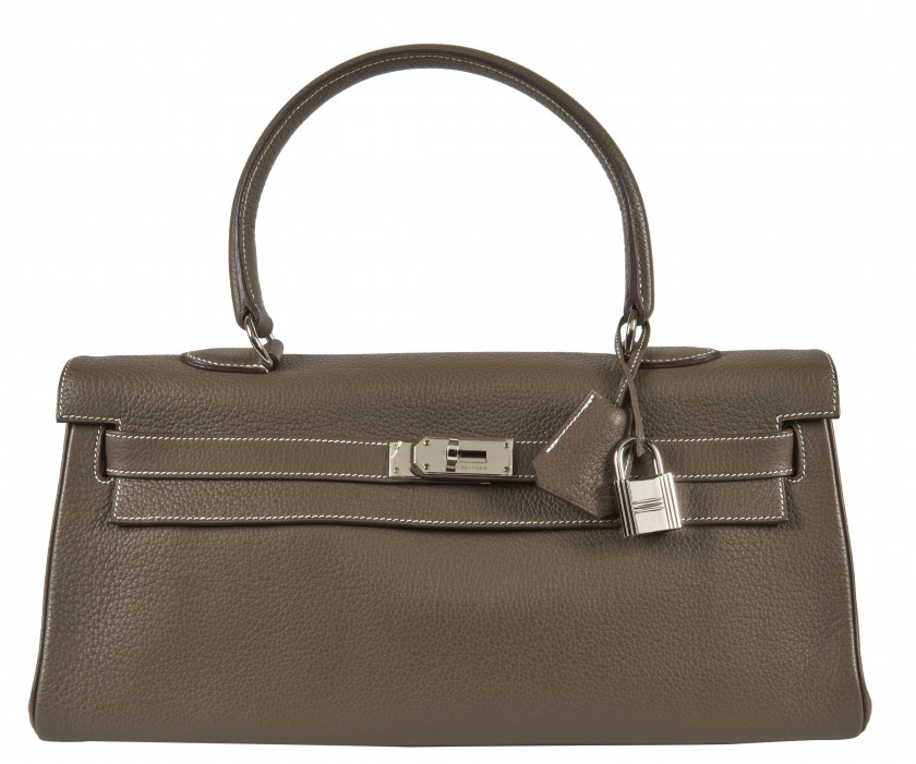 HERMÈS 2009  Sac KELLY SHOULDER Veau Togo taupe Piqué sellier blanc Garniture métal argenté palladié  KELLY SHOULDER...