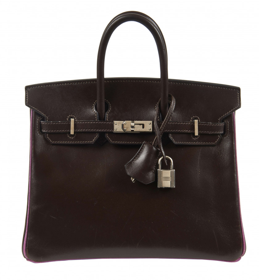 HERMÈS 2005  Sac BIRKIN 25 Box Chocolat Passepoil et intérieur chèvre Mysore Cyclamen Garniture métal argenté palladiéR...