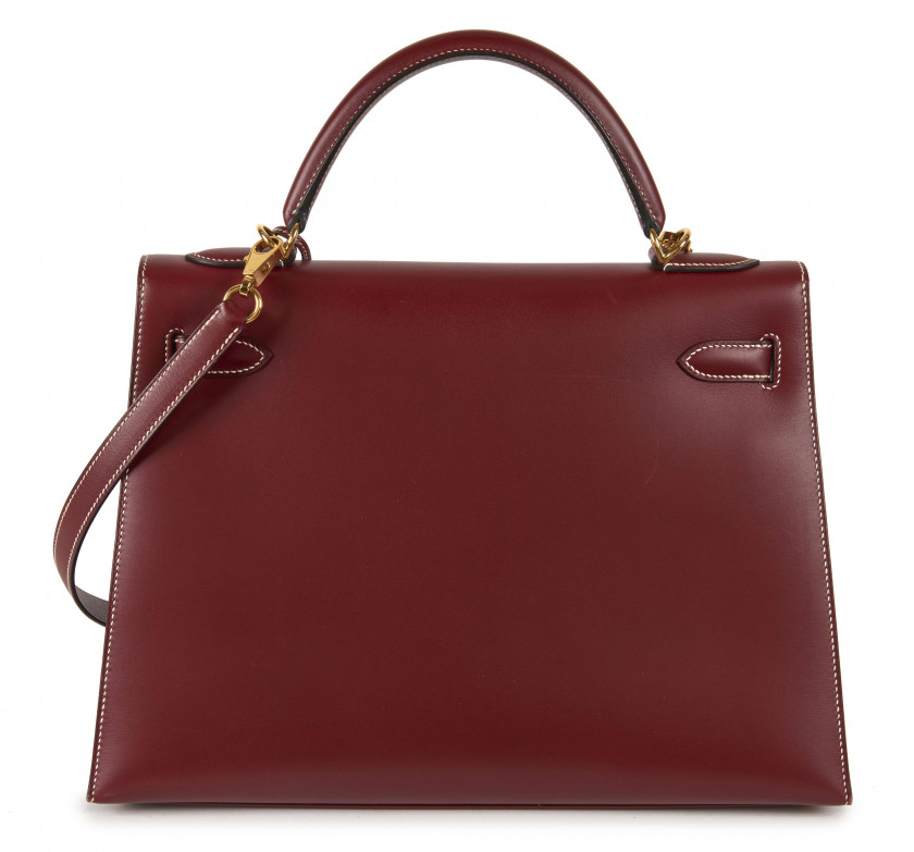 HERMÈS 2001  Sac KELLY Sellier 32 Box bordeaux Piqué sellier blanc Garniture métal plaqué or  KELLY Sellier 32 bagR...