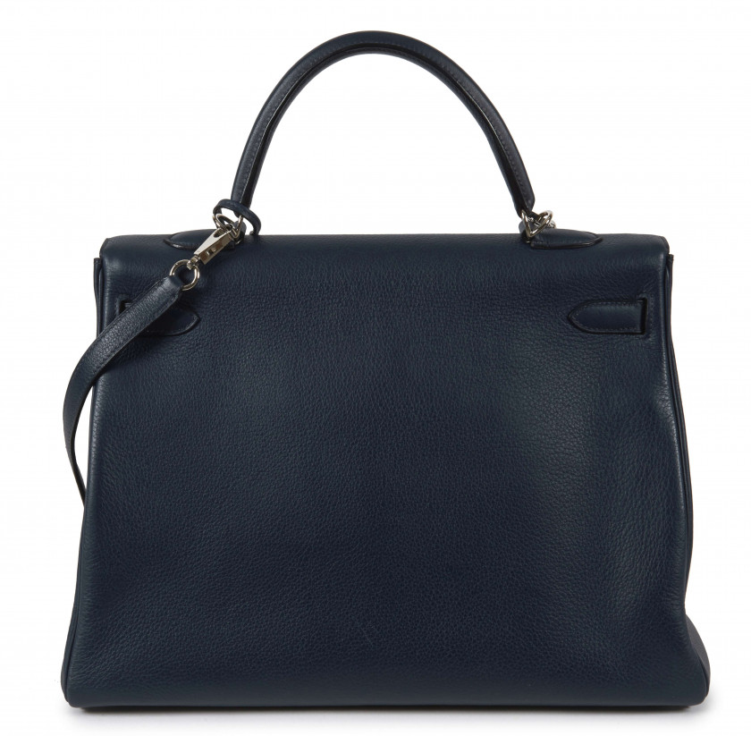 HERMÈS 2008  Sac KELLY Retourné 35 Veau Tadelakt Bleu de Prusse Garniture métal argenté palladié  KELLY Retourné 35 ba...