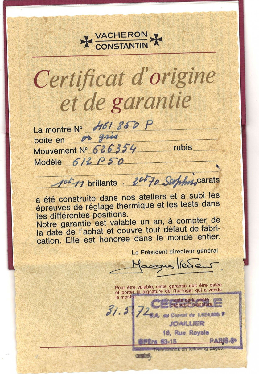 VACHERON CONSTANTIN  Ref. 612P50, n° 626354 / 461850P
