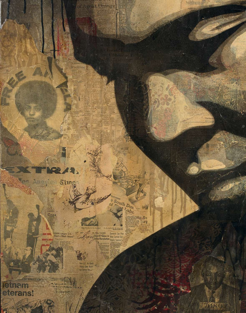 ¤ Shepard FAIREY (Alias OBEY GIANT) Américain - Né en 1970 Ali (Gold) - 2010 Pochoir, peinture aérosol et collages sur toile