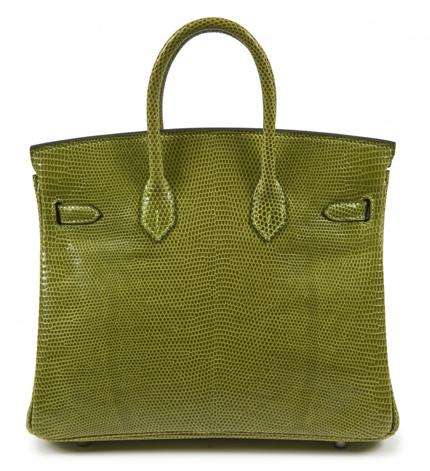 HERMÈS 2007  Sac BIRKIN 25 Varan des sables vert Anis (Varanus panoptes) II/B Garniture métal argenté palladié  BIRKIN...