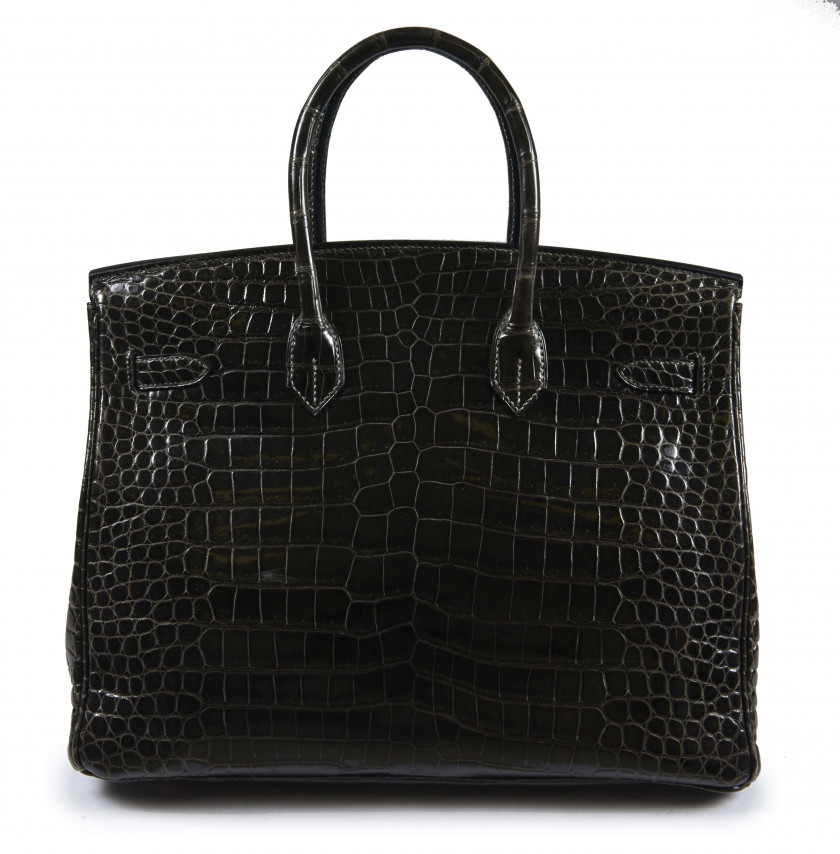 HERMÈS 2006  Sac BIRKIN 35 Crocodile d'estuaire Graphite (Crocodylus porosus) II/B Garniture métal argenté palladié  B...