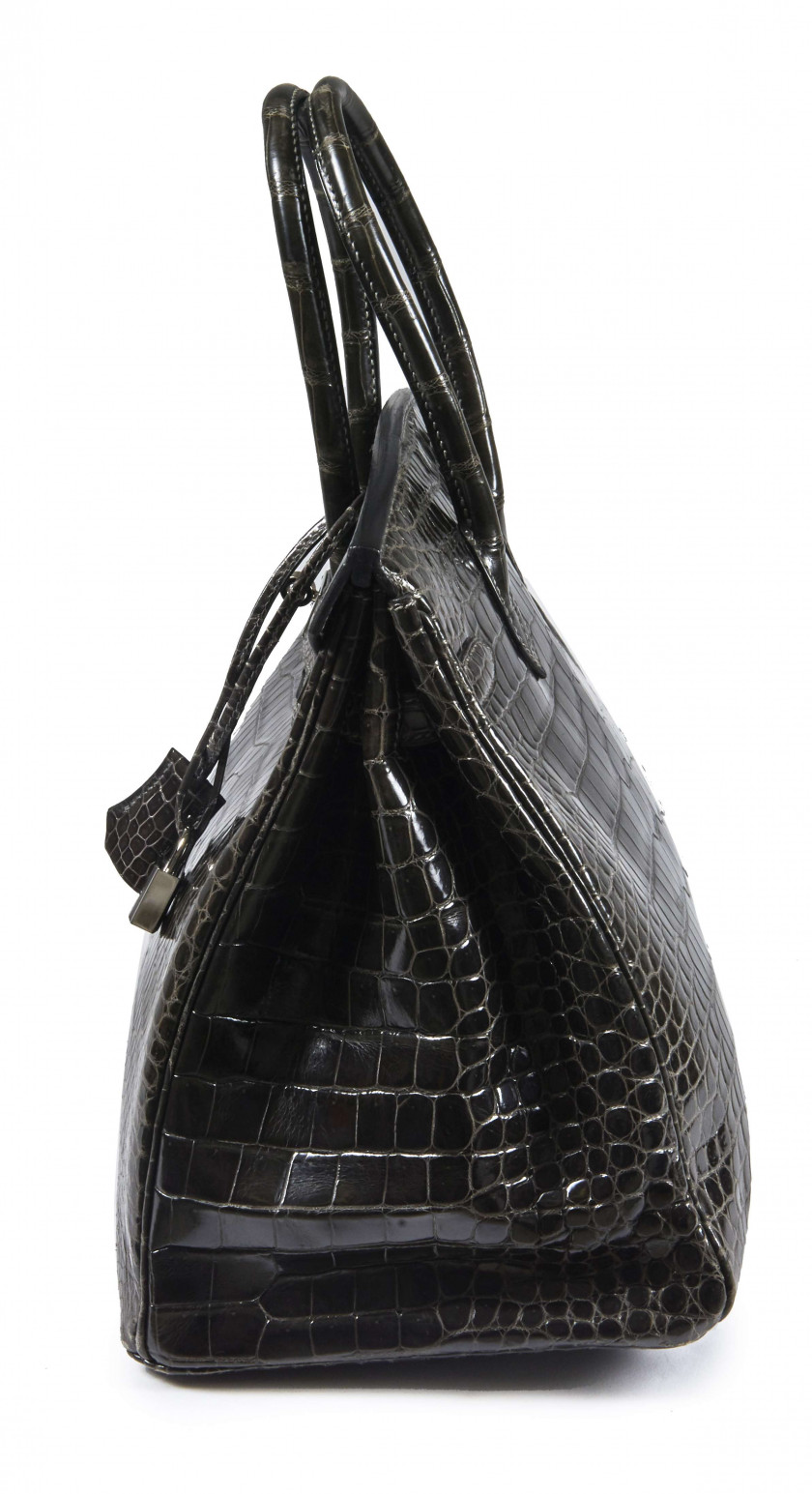 HERMÈS 2006  Sac BIRKIN 35 Crocodile d'estuaire Graphite (Crocodylus porosus) II/B Garniture métal argenté palladié  B...