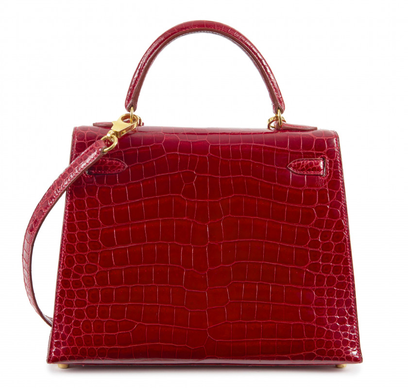 HERMÈS 2013  Sac KELLY Sellier 25 Crocodile d'estuaire rouge (Crocodylus porosus) II/B Garniture métal plaqué or  KELL...