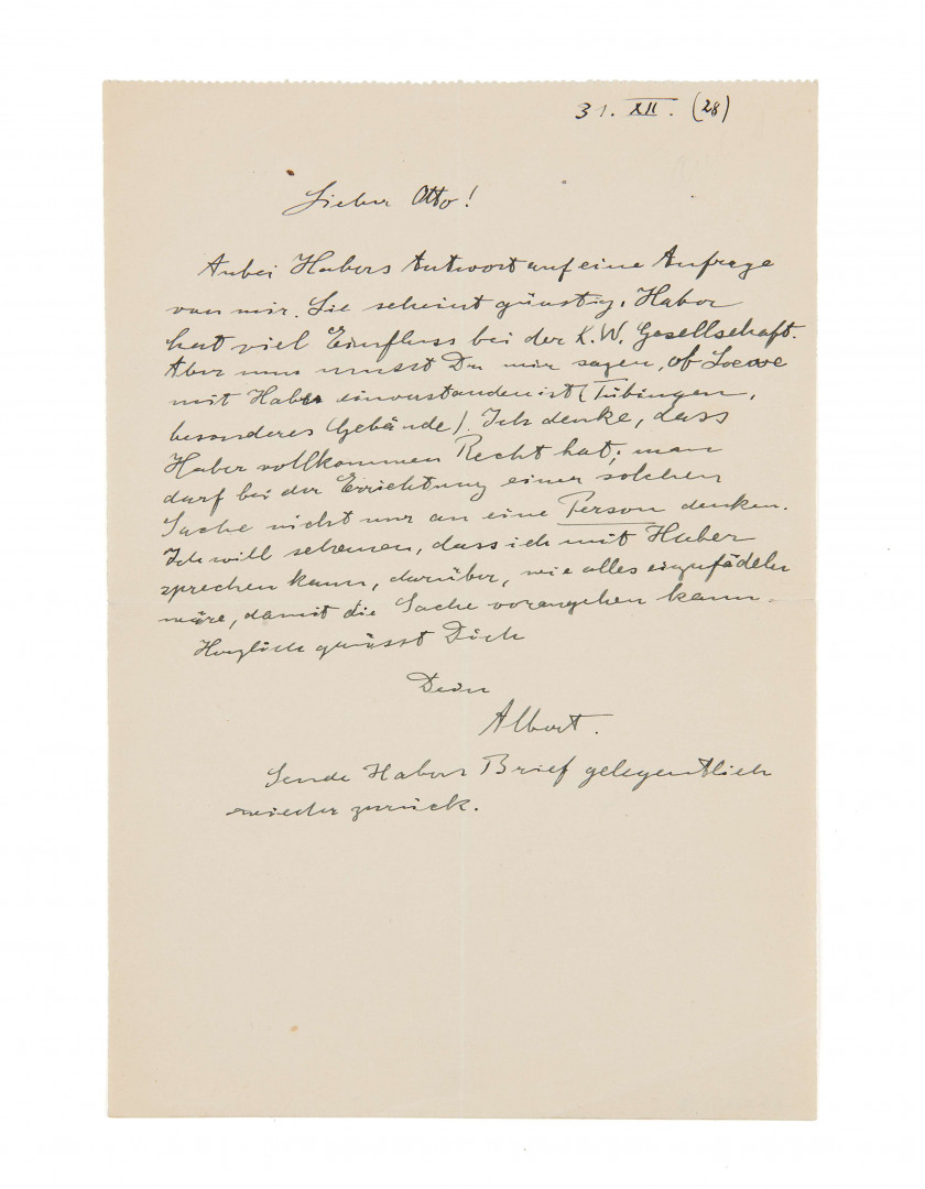 ALBERT EINSTEIN (1879-1955) Lettre autographe signée, en allemand à Otto Einstein