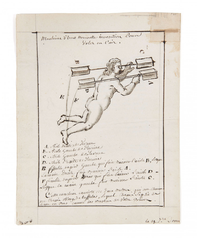 [MACHINE À VOLER]  « Machine d’une nouvelle invention pour voler en l’air » : manuscrit enrichi d’un dessin à pleine page à l’encre...