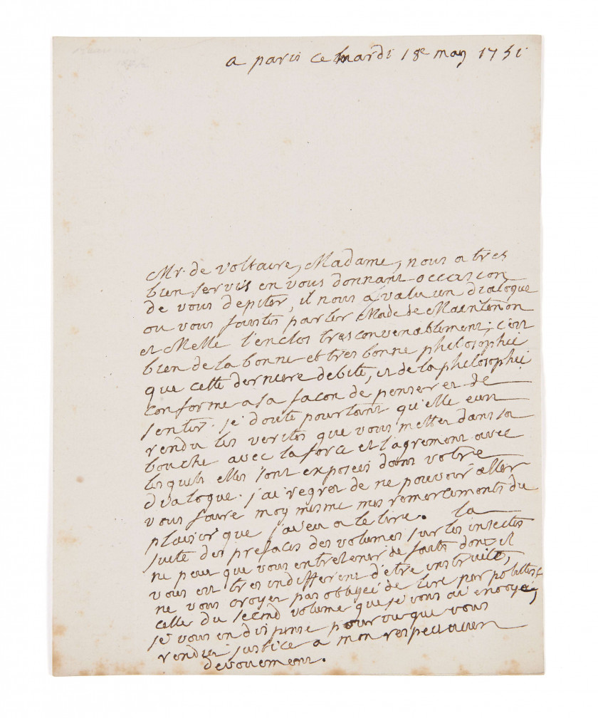 [RENÉ-ANTOINE DE FERCHAULT DE RÉAUMUR] (1683-1757) Lettre autographe