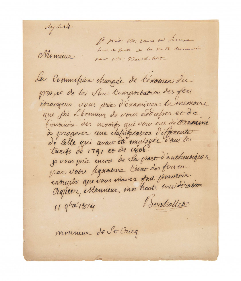 CLAUDE-LOUIS BERTHOLLET (1748-1822) Lettre autographe signée