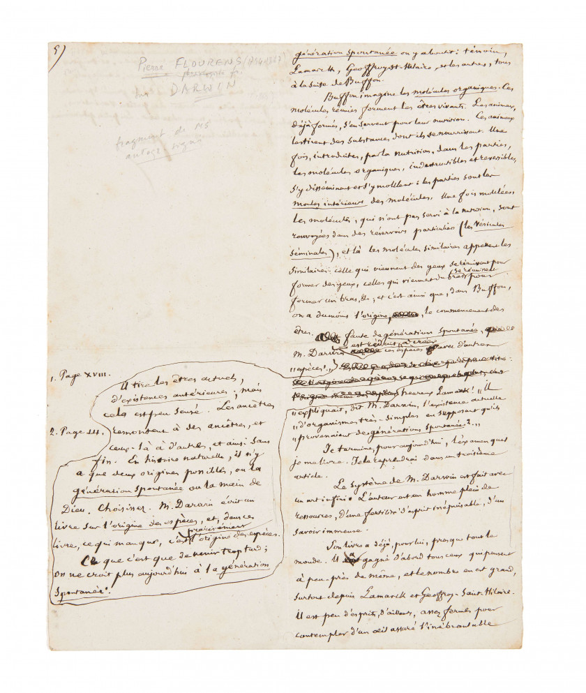 PIERRE FLOURENS (1794-1867) « Génération spontanée » : manuscrit autographe signé