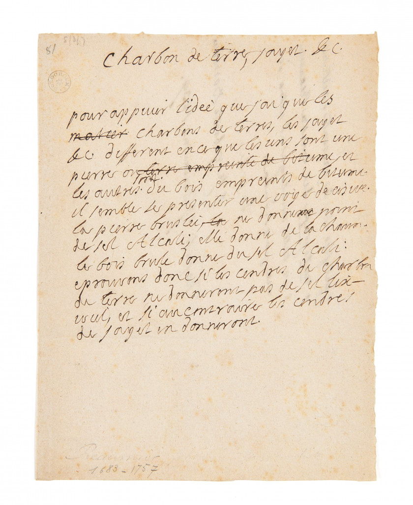 [RENÉ-ANTOINE DE FERCHAULT DE REAUMUR] (1683-1757) « Charbon de terre, les payer &c. » : manuscrit autographe